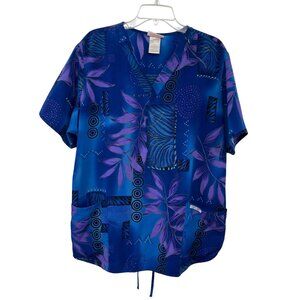 Cherokee Womens XL Tropical Print V Neck Scrub Top Drawstring Waist Used